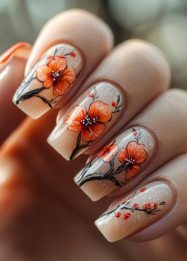 Stunning floral nail art featuring vibrant orange flowers and intricate designs for elegance.