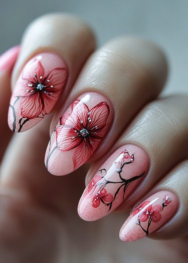 Elegant floral nail art with pink blossoms and glossy almond-shaped nails.