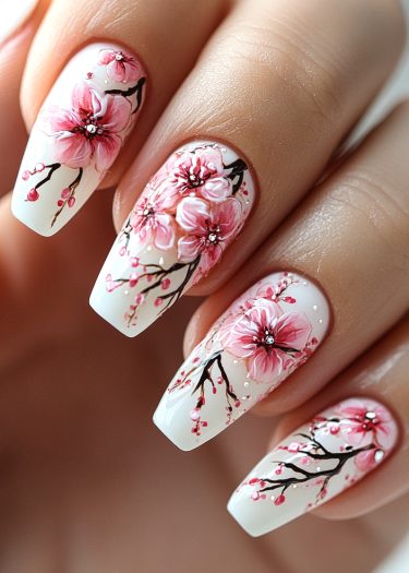 Elegant floral nail art featuring pink cherry blossoms on a creamy white base.