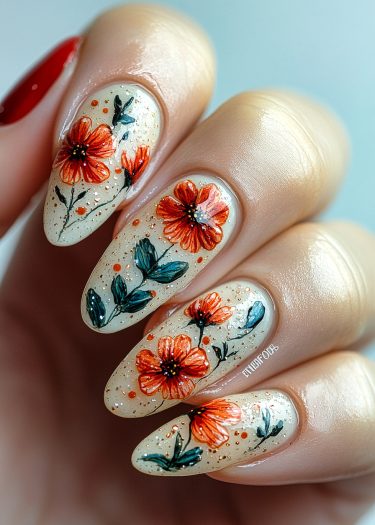 Elegant floral nail art featuring intricate red-orange flowers and gold glitter on cream nails.