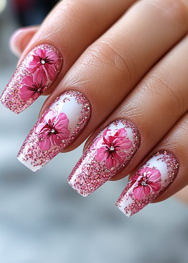 Elegant floral nail art with pink flowers and glitter on chic coffin-shaped nails.