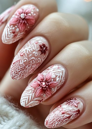 Elegant floral nail art with three-dimensional designs and gems for a festive look.