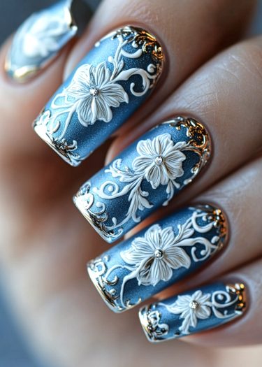 Elegant floral nail art with intricate blue, ivory, and gold designs, featuring sparkling rhinestones.