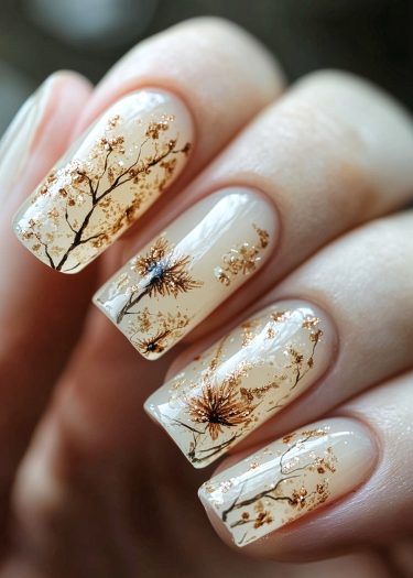 Elegant floral nail art featuring intricate designs, branches, and gold accents on a neutral base.