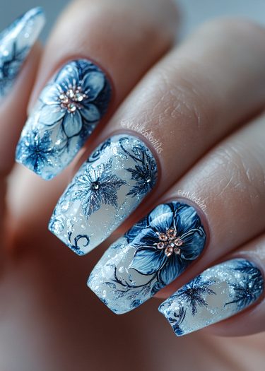 Elegant blue and white floral nail art with gemstones and intricate designs on creamy white base.