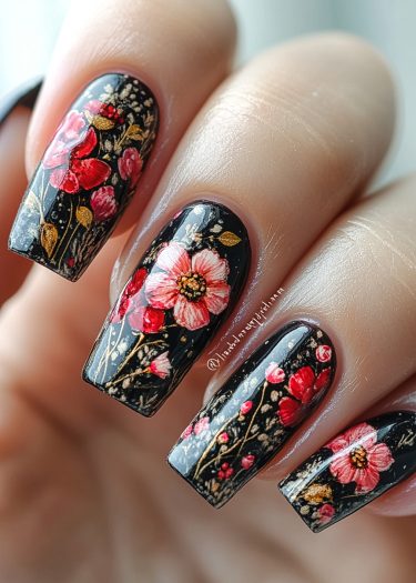 Elegant floral nail art featuring black polish, vibrant flowers, and golden accents for a luxurious look.