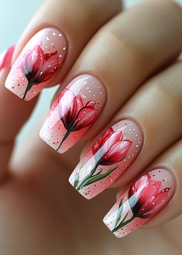 Elegant floral nail art with pastel pink base, detailed lilies, and sparkling accents.