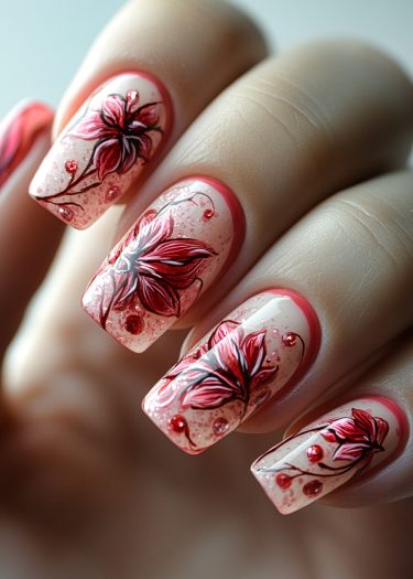 Elegant floral nail art with vibrant designs and shimmering details for a sophisticated look.