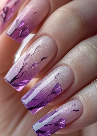 Elegant floral nail art with intricate designs on a shimmering pink base.