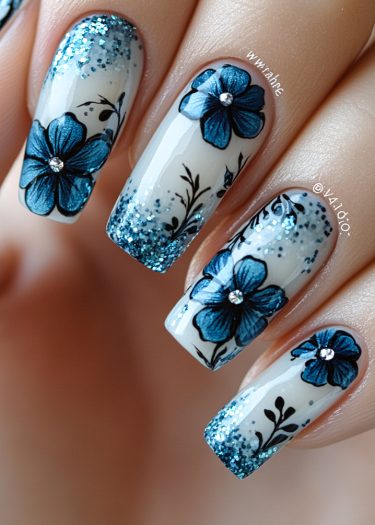 Elegant floral nail art featuring blue flowers, black vines, and stunning glitter accents.