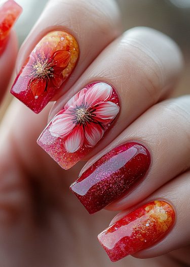 Elegant floral nail art with a vibrant gradient and intricate designs for a stunning look.