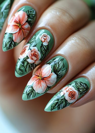 Stunning pastel floral nail art on stiletto-shaped nails with a sage green background.