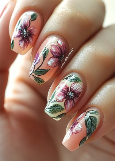 Elegant floral nail art featuring intricate designs on a soft off-white background.