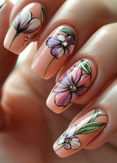 Elegant floral nail art featuring intricate designs, nude-pink polish, and sparkling rhinestones.