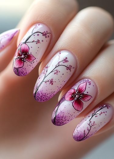 Elegant almond-shaped nails featuring intricate cherry blossom designs and a sparkly gradient finish.