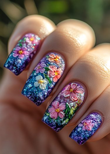 Stunning floral nail art with a vibrant blue-purple gradient and intricate 3D designs.