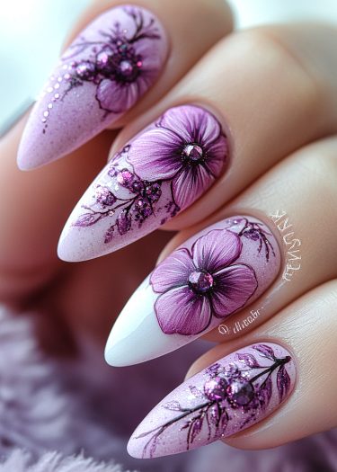 Elegant lilac and white floral nail art with glitter for a sophisticated look.