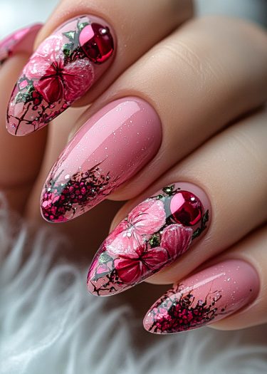 Elegant floral nail art design with vibrant flowers and shimmering accents on almond-shaped nails.