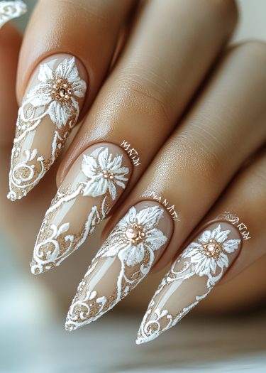 Elegant floral nail art with 3D flowers and intricate designs for sophisticated manicures.