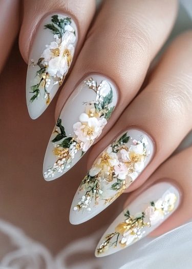 Elegant almond-shaped nails featuring detailed floral designs in soft gray and gold accents.