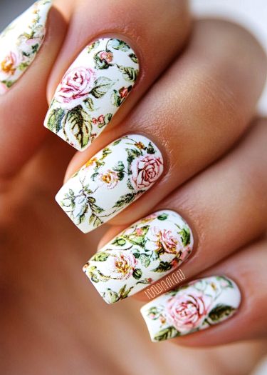 Elegant floral nail art with intricate rose designs on a creamy white base.