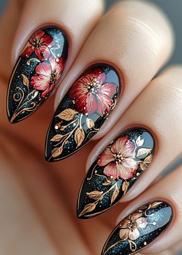 Elegant black stiletto nails featuring intricate floral designs and luxurious gold accents.