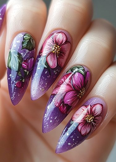 Elegant purple stiletto nails feature floral art and cosmic design, radiating beauty and creativity.