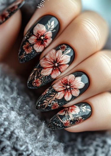 Elegant floral manicure with almond-shaped nails, featuring black base and peachy-pink flowers.