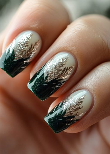 Elegant forest nail art features deep green and shimmering gold designs for a luxurious look.