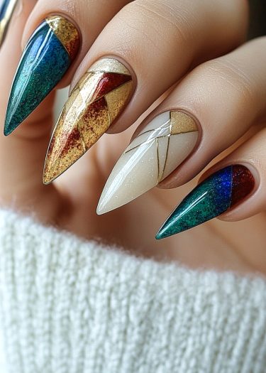 Elegant geometric nail art featuring vibrant colors and luxurious gold accents on long, pointed nails.