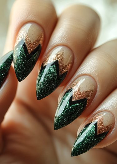 Elegant geometric nail art with rose gold and green glitter for stunning nail design.