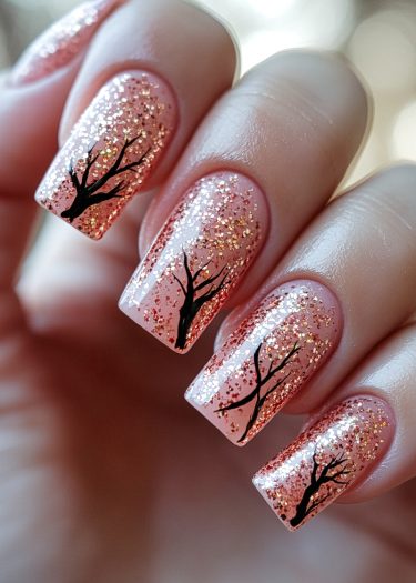 Elegant pink glitter nail art featuring intricate black tree designs for a stunning manicure.