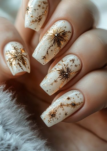 Elegant gold fireworks nail art on beautifully manicured neutral nails for special occasions.