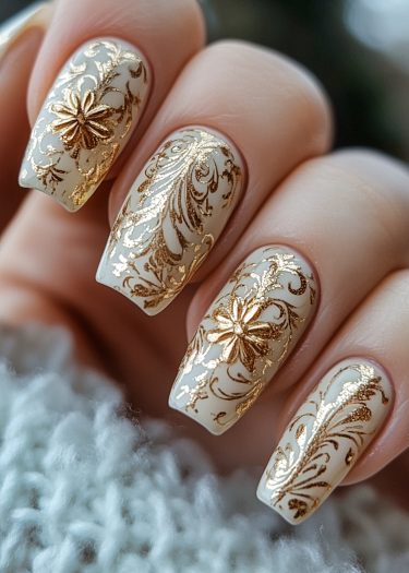 Elegant gold floral nail art on a creamy beige base, showcasing intricate designs and luxury.