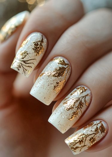 Elegant gold foil nail art on creamy off-white nails, showcasing intricate designs and glitter accents.