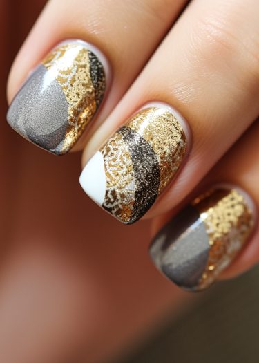 Sophisticated gray and metallic gold nail art with intricate designs and textures.