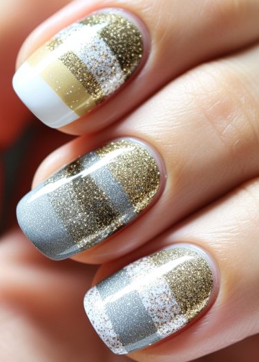 Elegant gold and silver striped nails with glitter for a sophisticated, festive look.