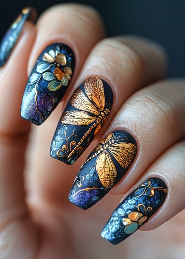 Elegant nail art featuring golden butterflies and flowers on a dark matte base.