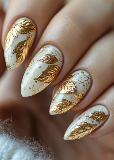 Elegant golden leaf nail art with almond-shaped nails in a soft beige color.