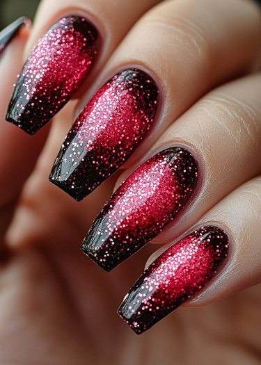 Elegant gradient nail art features black and red glitter for a stunning manicure.