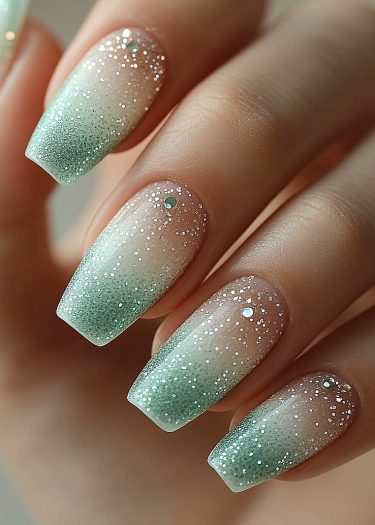 Elegant mint green gradient nails with glitter and gemstones for a sophisticated manicure.