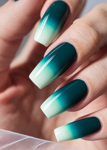 Elegant gradient nails featuring a rich teal to mint ombre manicure with a glossy finish.