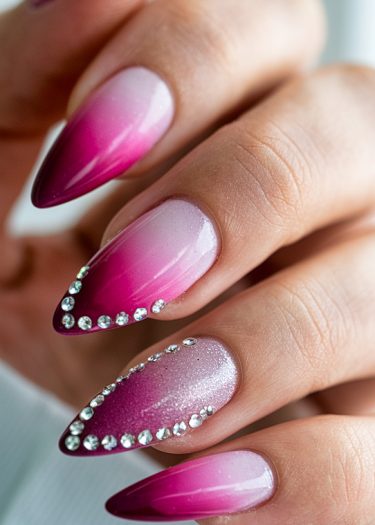 Elegant gradient nails with rhinestones for a glamorous, modern manicure design.