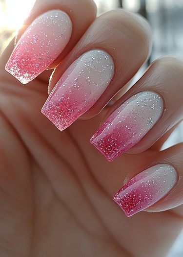 Elegant gradient nails with holographic glitter in pink and white, showcasing luxurious coffin shape.