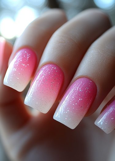 Beautiful gradient nails in pink and white with shimmer, showcasing a chic and modern manicure.