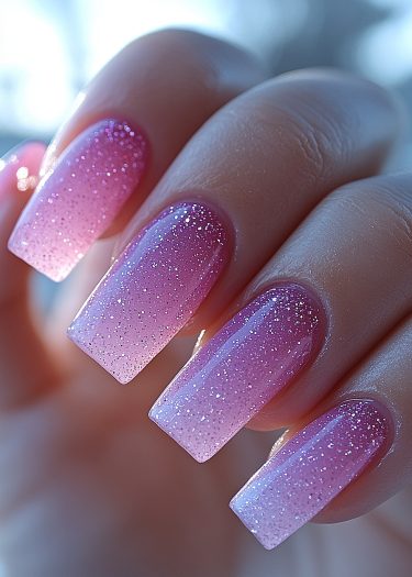 Elegant gradient pink nails with glitter shine, showcasing stunning nail art design.