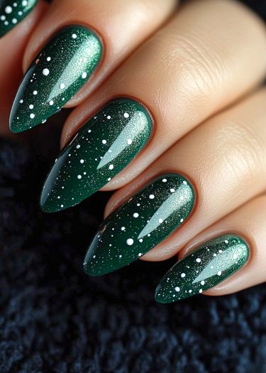 Elegant deep green almond nails with metallic finish and starry design on a contrasting background.