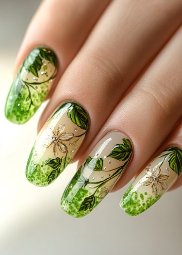 Elegant green floral nail art with intricate designs and sparkling accents on almond-shaped nails.