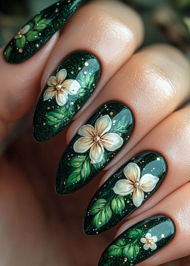 Elegant green floral nail art featuring glittery design, delicate flowers, and luxurious gold accents.