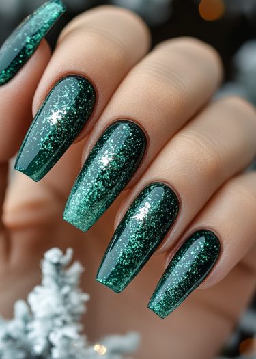 Elegant green glitter nails with a festive sparkle, perfect for winter celebrations.